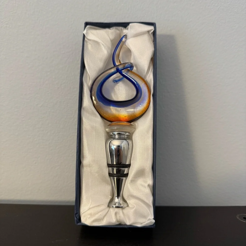 Murano-style Glass Wine Bottle Stopper. Handmade. Blue & orange swirl design NWT